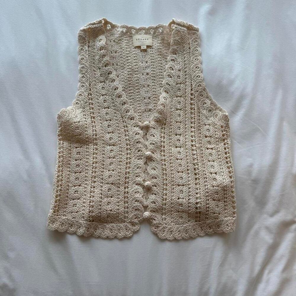 Sezane cream crochet vest with button